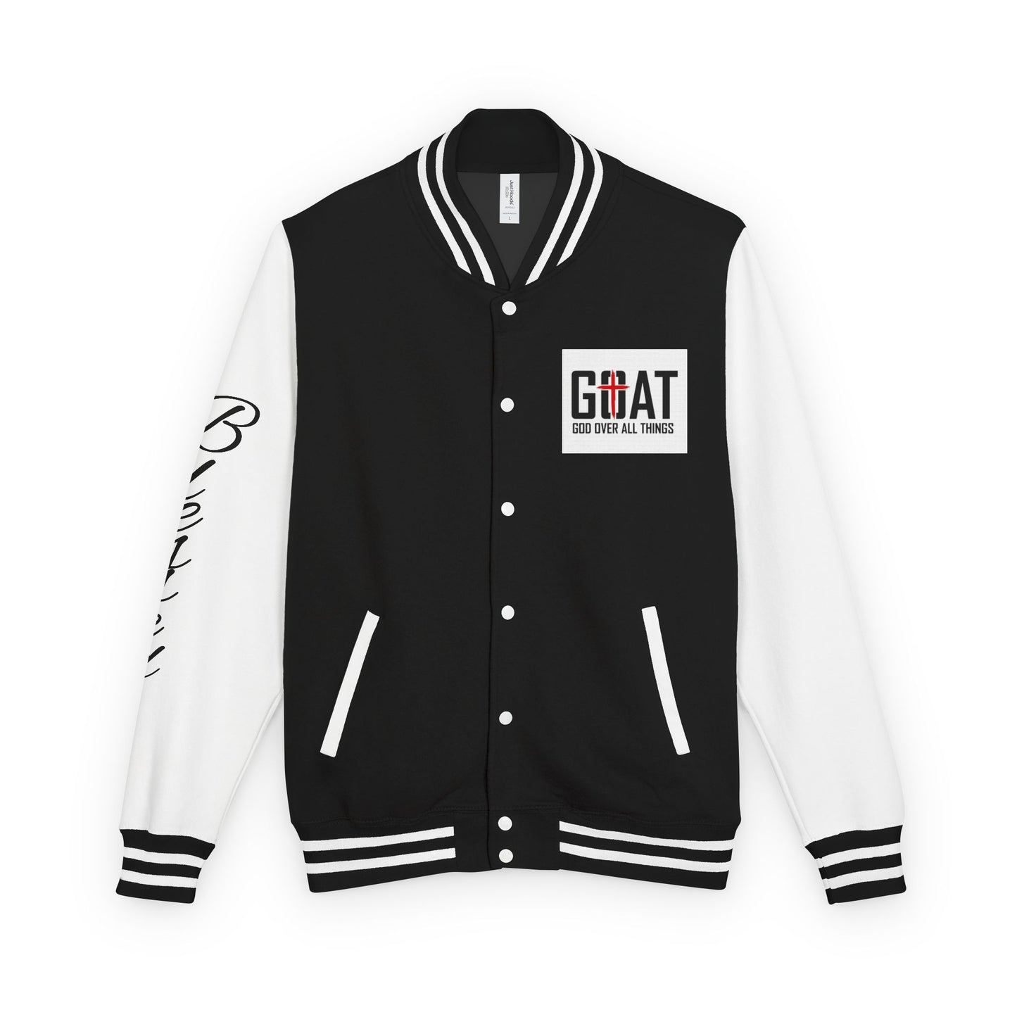 GOAT Letterman Jacket — 'GOAT (God Over All Things)' Black & White Varsity Jacket