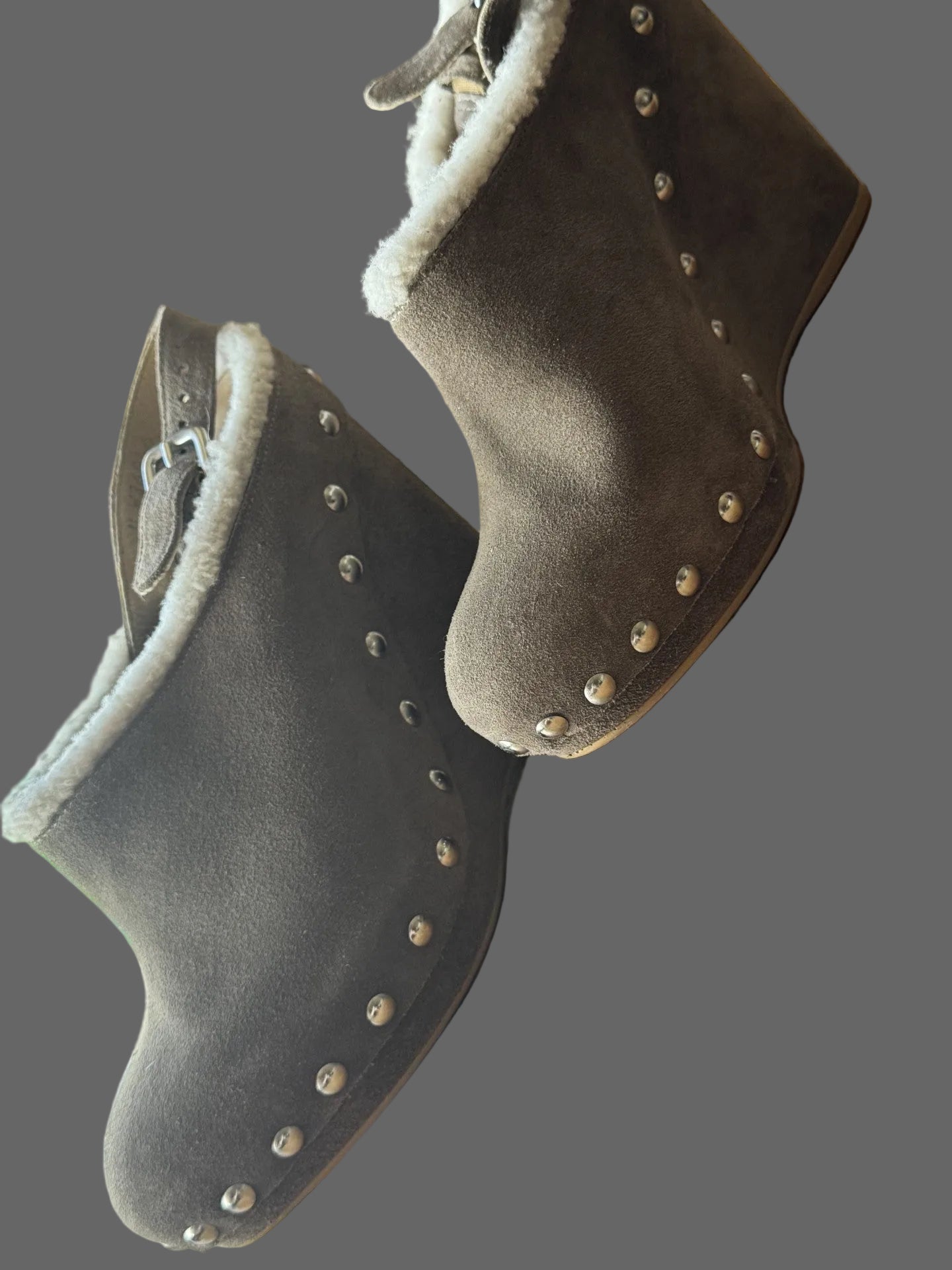 Stuart Weitzman Shearling Trim Taupe Suede Wedge Mules