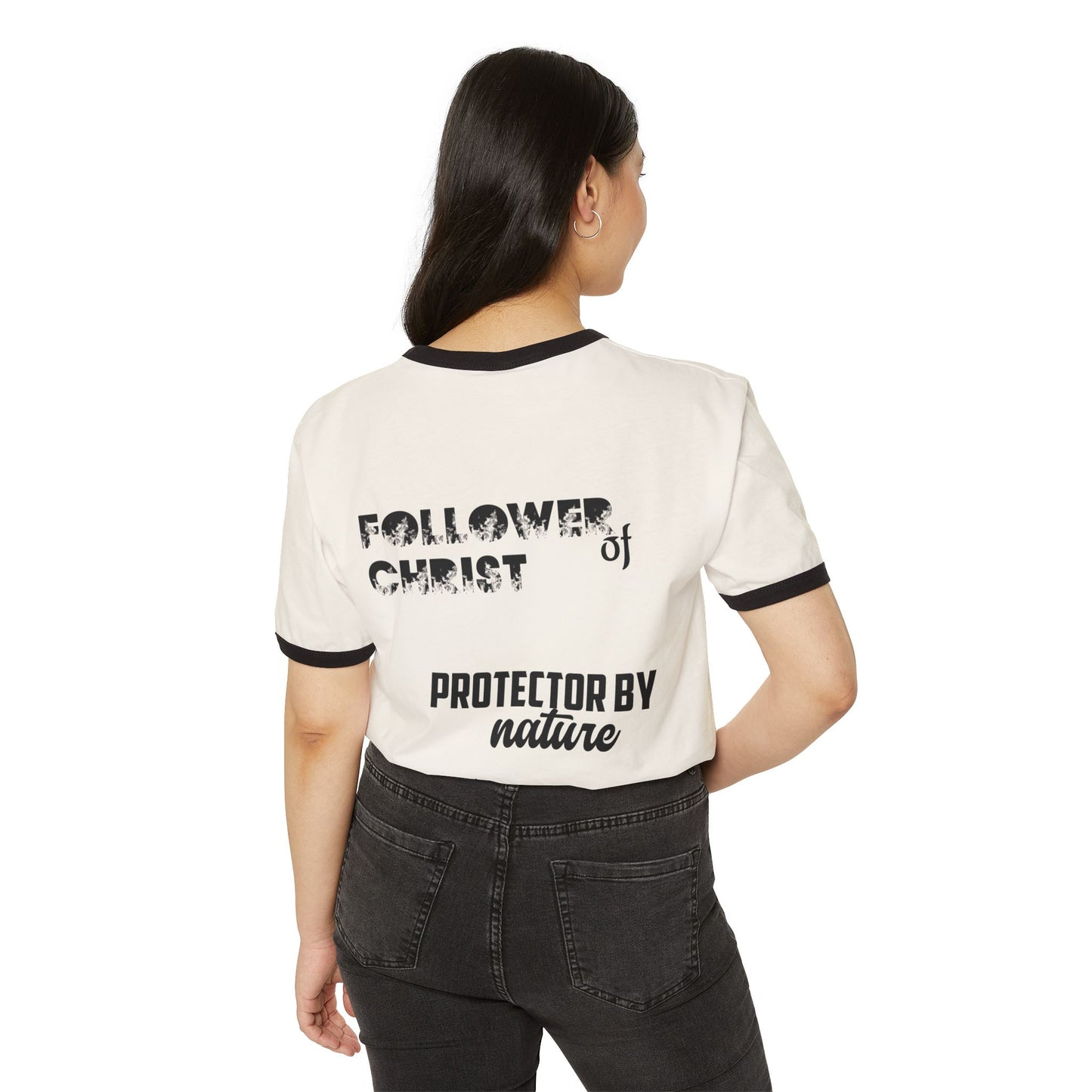 Christian T-Shirt — "front:God.. Follower of Christ, protector by nature..." Back