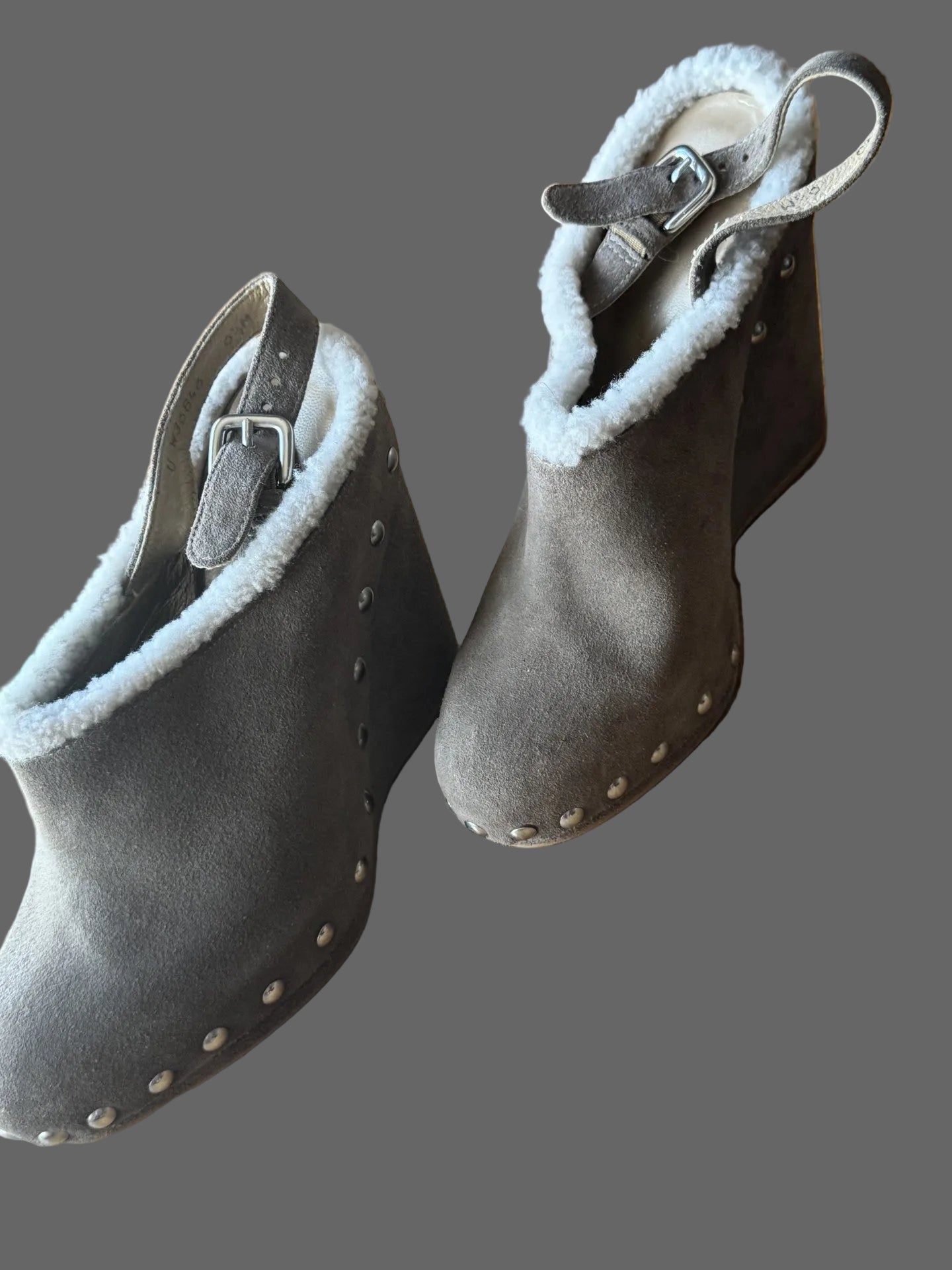 Stuart Weitzman Shearling Trim Taupe Suede Wedge Mules