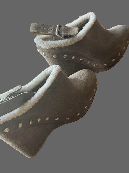 Stuart Weitzman Shearling Trim Taupe Suede Wedge Mules