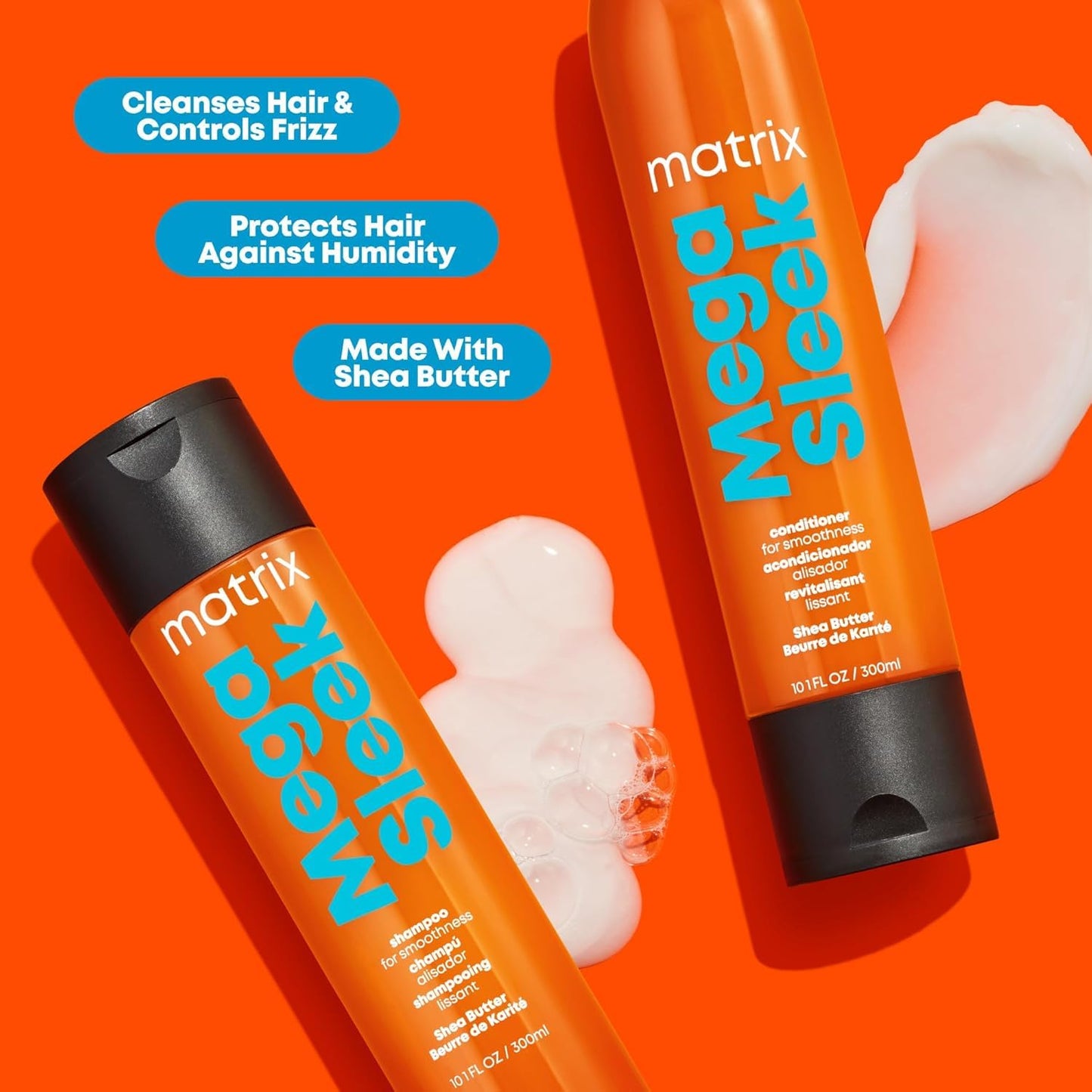 Matrix Mega Sleek Shampoo and Conditioner Set | Controls Frizz Leaving Hair Smooth & Shiny | Nourishes with Shea Butter | for Dry, Damaged Hair | Packaging May Vary