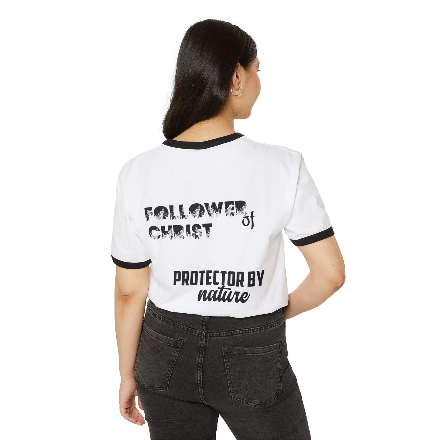 Christian T-Shirt — "front:God.. Follower of Christ, protector by nature..." Back