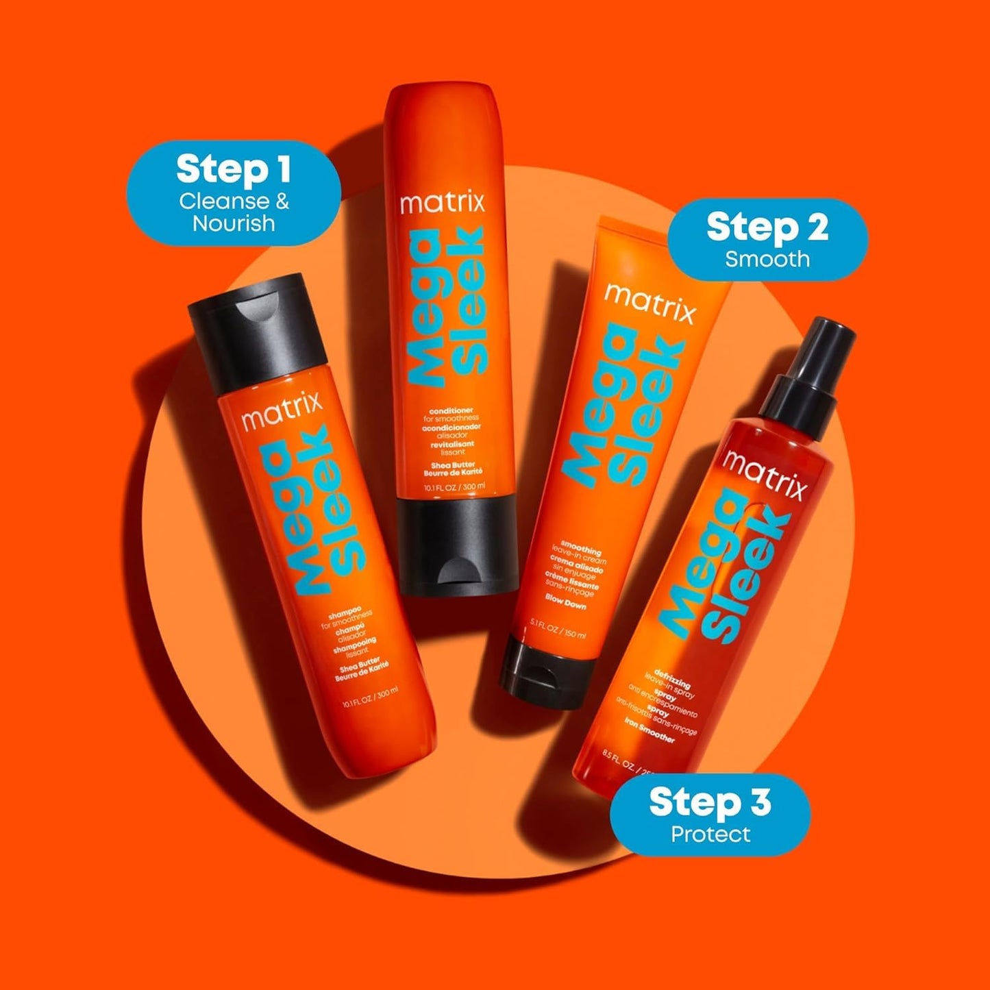 Matrix Mega Sleek Shampoo and Conditioner Set | Controls Frizz Leaving Hair Smooth & Shiny | Nourishes with Shea Butter | for Dry, Damaged Hair | Packaging May Vary