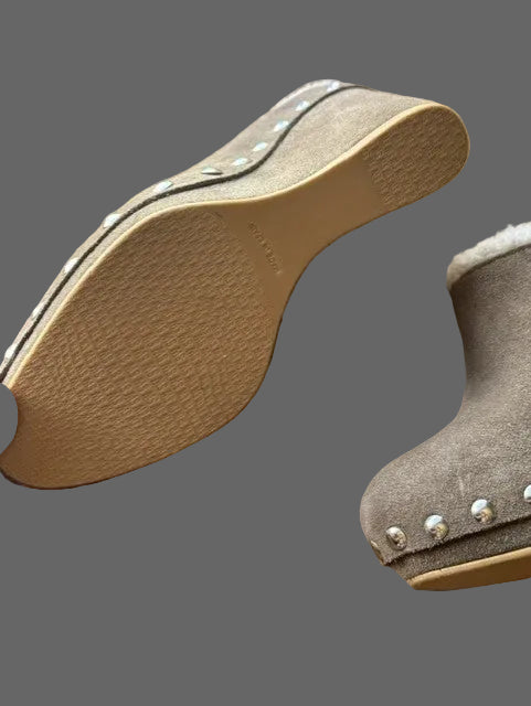Stuart Weitzman Shearling Trim Taupe Suede Wedge Mules
