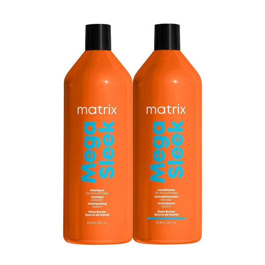 Matrix Mega Sleek Shampoo and Conditioner Set | Controls Frizz Leaving Hair Smooth & Shiny | Nourishes with Shea Butter | for Dry, Damaged Hair | Packaging May Vary